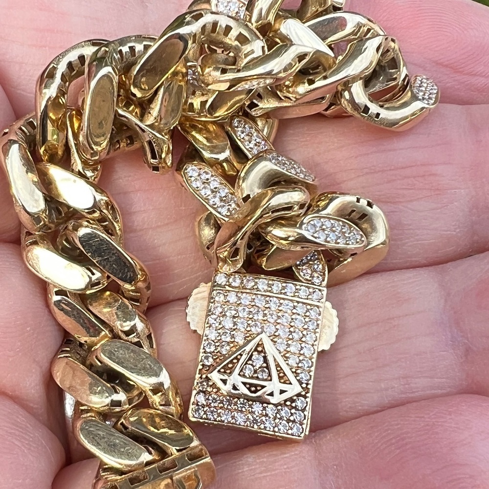 VINTAGE 14K YELLOW GOLD MENS CURB CUBAN LINK BLING CZ BRACELET HEAVY THICK